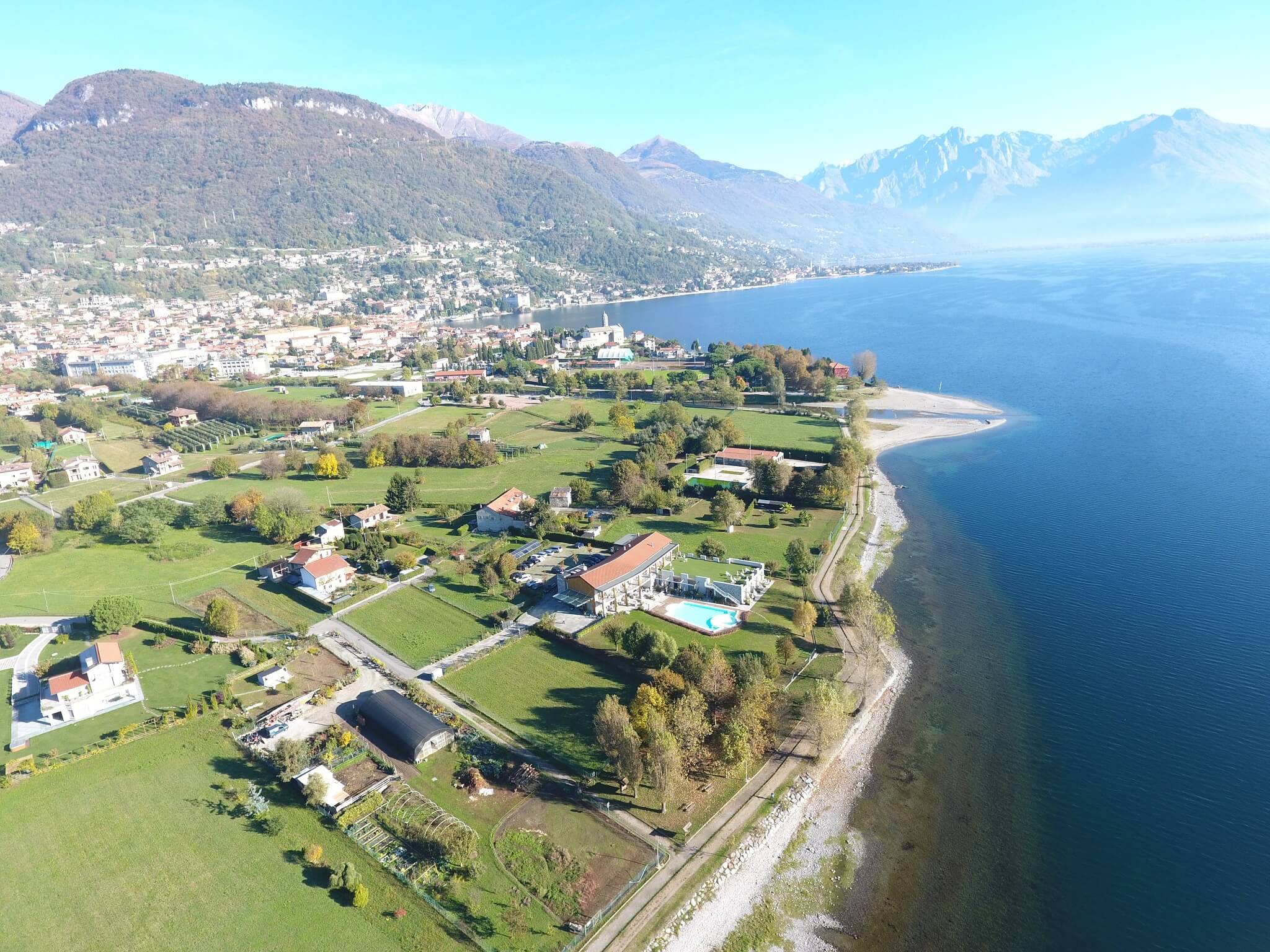 Aerial view of Tullio Hotel on the Gravedona shore